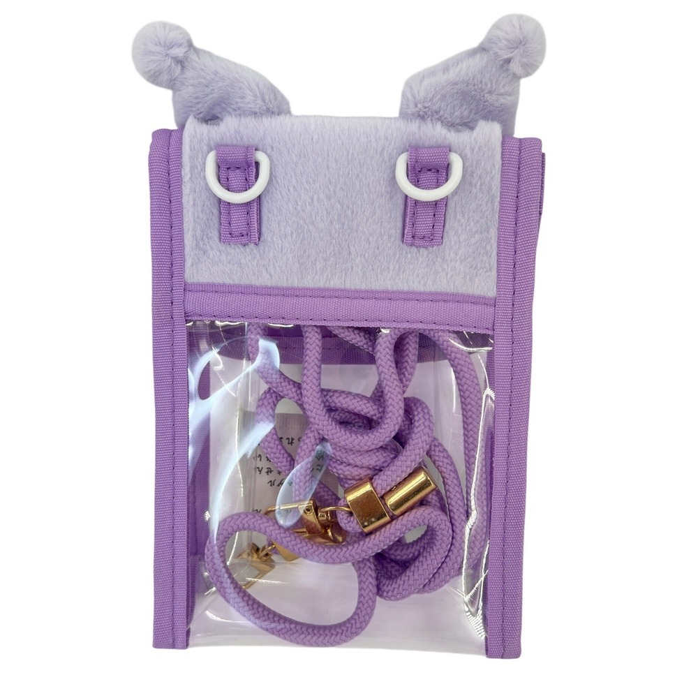 Japan Sanrio Kuromi Fuzz Face Phone & Card Shoulder Pouch Clear Crossbody Bag - Picture 2 of 10